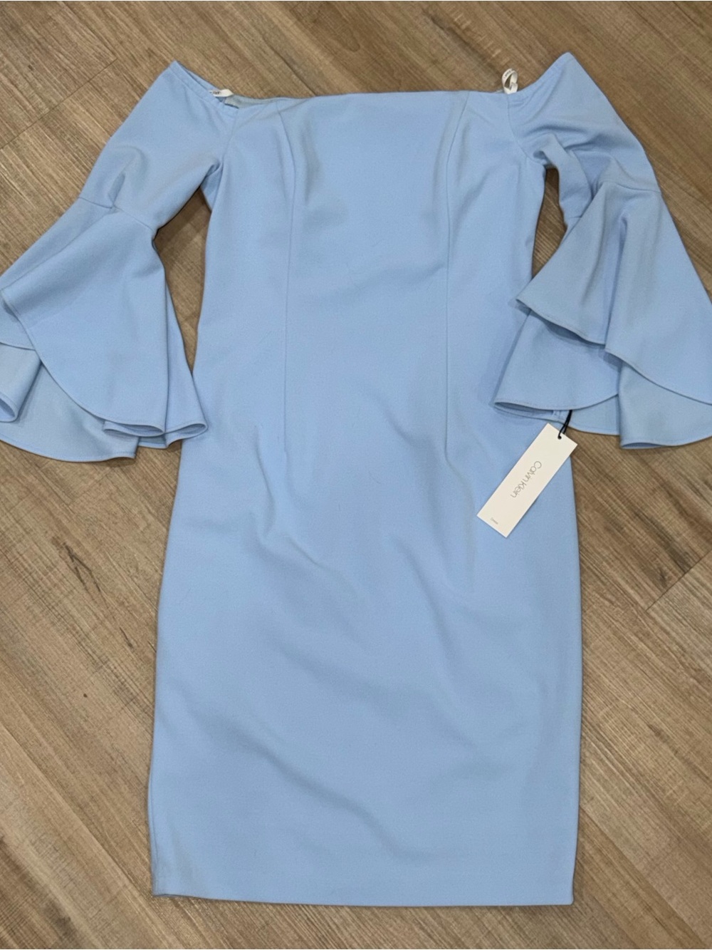 Calvin Klein Sky Blue Off-Shoulder Dress with Bell Sleeves